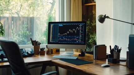 Poster - Minimalist office setup with a desktop showing stock market trends and real-time analytics