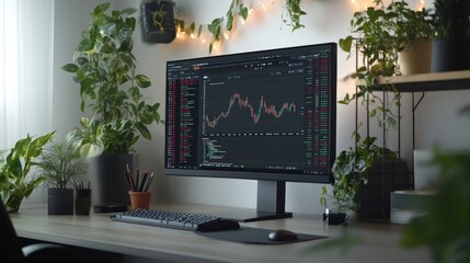 Poster - Minimalist office setup with a desktop showing stock market trends and real-time analytics