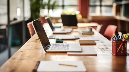 Poster - Modern conference table with open laptops, documents, and office supplies, ready for a business meeting