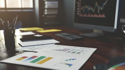 Poster - Modern executive desk with financial reports, strategic business plans, and performance tracking tools