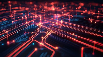 Poster - 3D representation of a digital circuit board with glowing lines and connections. --