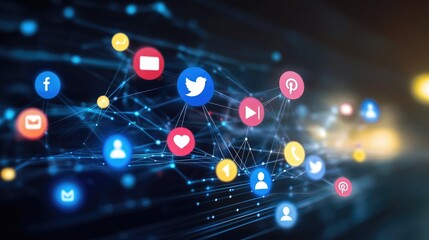 Poster - Online marketing concept with interconnected social media icons, data analytics, and content marketing visuals