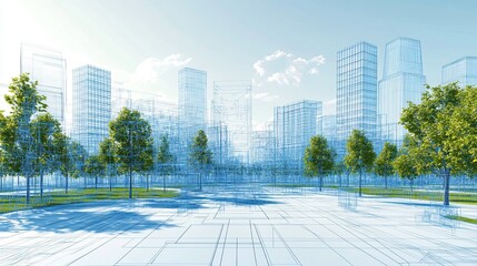 Poster - 3D wireframe design of a modern urban park with digital elements and green energy concepts.