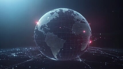 Poster - 3D wireframe globe with digital grid lines and glowing points representing global connectivity. 