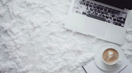 Poster - A clean white workspace with a laptop, notepad, and coffee, symbolizing productivity, work, and professional design themes for office or corporate projects. 