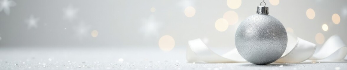 Wall Mural - Sparkling silver Christmas ball on white sparkle background with soft ribbon, sparkle, sparkly