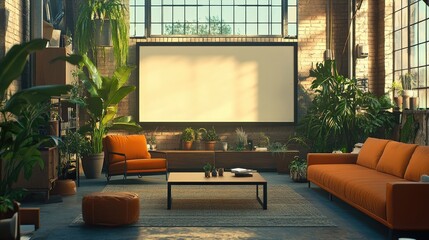 Poster - Startup pitch deck on a large screen in a trendy co-working space with an urban aesthetic