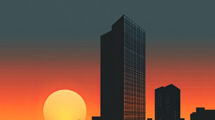 Poster - A sleek, modern skyscraper silhouette against a sunset, symbolizing urban development and city life, ideal for architecture, city planning, and real estate projects. 