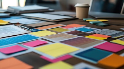 Poster - Strategic decision-making workspace with printed reports, sticky notes, and data-driven analysis tools