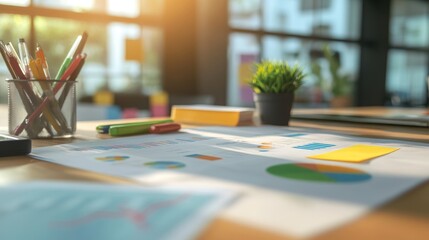 Poster - Strategic planning table with printed data reports, market positioning graphs, and office supplies