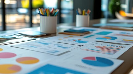 Poster - Strategic planning table with printed data reports, market positioning graphs, and office supplies
