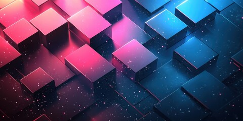 Poster - Abstract Digital Art: Neon Cubes in Pink and Blue Hues, Sparkling Digital Landscape