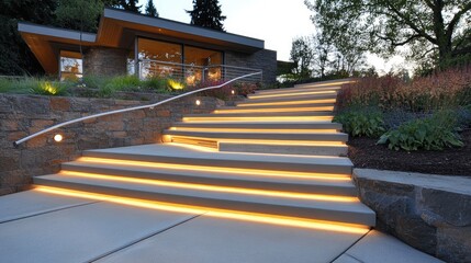Poster - Stylish exterior staircase softly lit with recessed wall lamps, ensuring safety and elegance