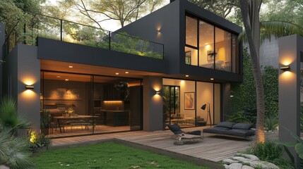 Poster - Ultra-modern house exterior with geometric wall-mounted LED lights creating a sleek look