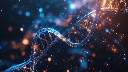 Poster - Abstract digital DNA strand with glowing light trails, symbolizing innovation and technology. 