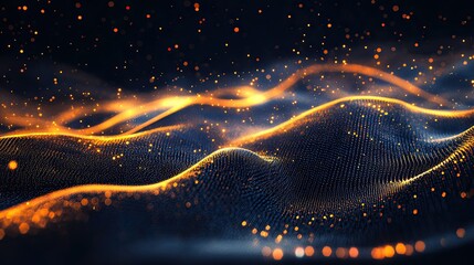 Poster - Abstract dynamic light particles flowing across a dark background, ideal for tech or entertainment-related designs, creating a sense of motion and excitement. --