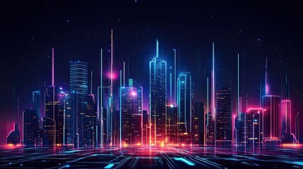 Poster - Abstract futuristic cityscape with neon lights and digital data streams. -