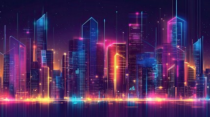 Poster - Abstract futuristic cityscape with neon lights and digital data streams. -