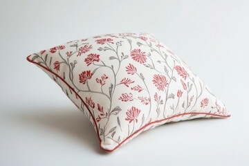 Wall Mural - A square decorative pillow with red flowers and a red border