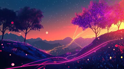 Poster - Abstract landscape with glowing lines and digital elements, symbolizing innovation in nature. 