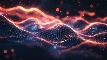 Poster - Abstract liquid texture with glowing light streaks and digital grid patterns. 