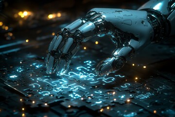 Poster - A robotic hand delicately places illuminated puzzle pieces on a sleek, high-tech surface, showcasing advanced technology amid a dark backdrop. Generative AI