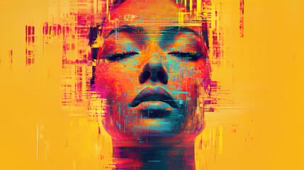 Wall Mural - Exploring vibrant digital glitch art through the abstract portrayal of a serene face. Glitch Aesthetic Portrait. Illustration
