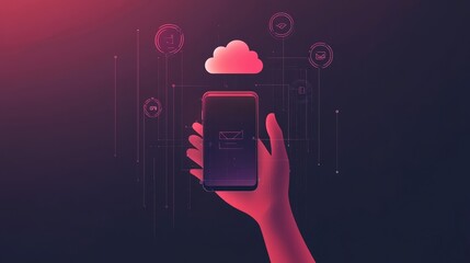 Poster - Hand holding smartphone displaying an email icon while connecting to cloud computing services, representing cyber security and data protection in modern technology
