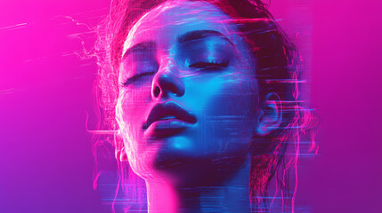 Wall Mural - A dreamy female portrait with vibrant neon glitch effects in pink blue and purple tones creating a futuristic and artistic design. Glitch Aesthetic Portrait. Illustration