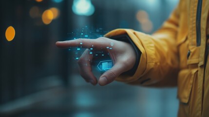 Poster - software engineer interacting with a futuristic interface, touching a virtual glowing padlock to acc