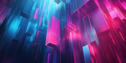Fototapete - Abstract Neon Cityscape: Glowing Prismatic Structures in Vivid Pink and Blue Hues