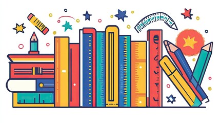 Poster - Colorful stacked books with pencil and ruler, representing education themes with bright, playful visuals for learning and knowledge-based designs