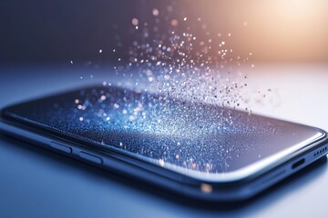 Fototapete - Tiny particles seem to float above the screen of a smartphone, creating a mesmerizing effect in a softly illuminated setting during the evening. Generative AI