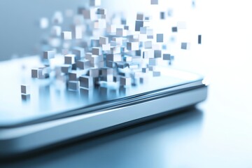 Fototapete - A smartphone serves as the focal point with floating cubes emanating from its screen, symbolizing digital transformation in a contemporary environment. Generative AI