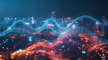 Poster - Digital waves of data flowing through a modern cityscape, representing the fusion of technology, urban life, and digital transformation. 
