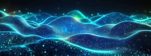 Poster - Abstract Digital Landscape: Glowing Cyan Waves of Data and Energy