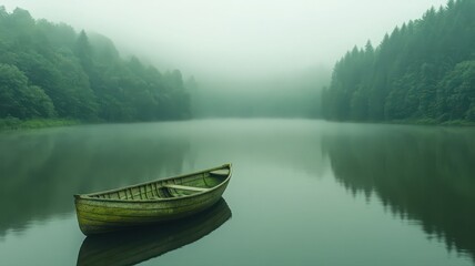 Naklejka na meble Weathered Wooden Boat on a Misty Green Lake