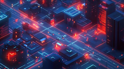 Poster - Futuristic city grid with glowing roads, buildings, and data points, evoking a tech-inspired world. 