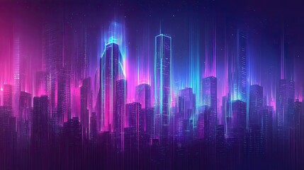 Poster - Futuristic city skyline with digital holograms and vibrant light trails in dark space. -