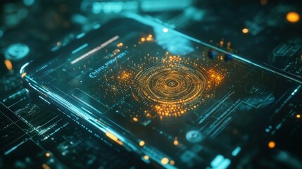 Poster - futuristic smartphone conducting a cyber security check with rotating circles and orange particles, 