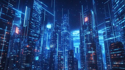 Poster - Futuristic city skyline with towering skyscrapers, digital light projections, and data streams. -
