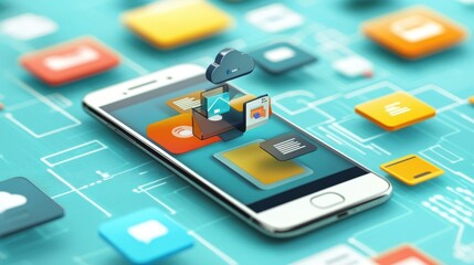 Poster - Smartphone transferring data to a cloud server with floating icons of mobile apps and social media, illustrating cloud computing and mobile technology concepts