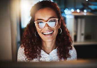 Poster - Night, glasses and portrait of businesswoman in office for finance investment proposal for global client. Happy, laptop and female financial manager with online profit or revenue report for overtime.