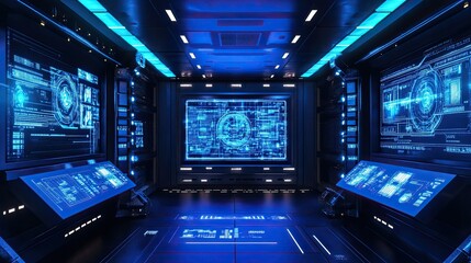 Poster - Futuristic holographic screen with interactive buttons and glowing elements. 