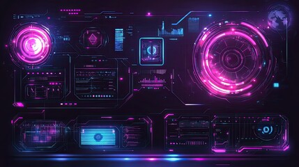 Poster - Futuristic HUD interface elements with neon glowing effects, ideal for sci-fi, technology, and futuristic design concepts