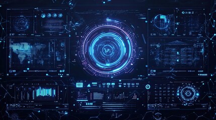 Poster - Futuristic HUD interface elements with neon glowing effects, ideal for sci-fi, technology, and futuristic design concept