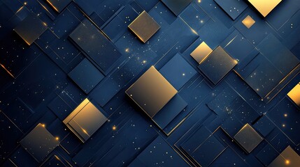 Poster - geometric patterns in dark blue and gold, with glowing accents. -