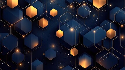 Poster - Geometric patterns in dark blue and gold, with glowing accents. -