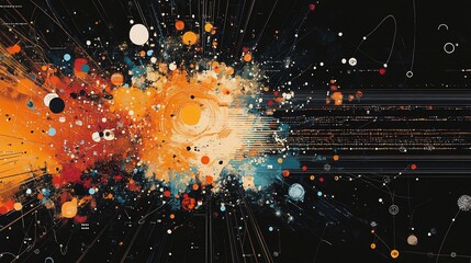Poster - Abstract digital art with vibrant circles and lines, dark cosmic background, artistic style