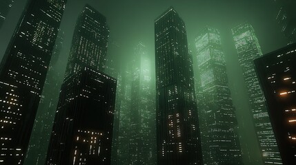 Poster - Glowing cityscape with illuminated skyscrapers and digital grids, showcasing future urban design. 